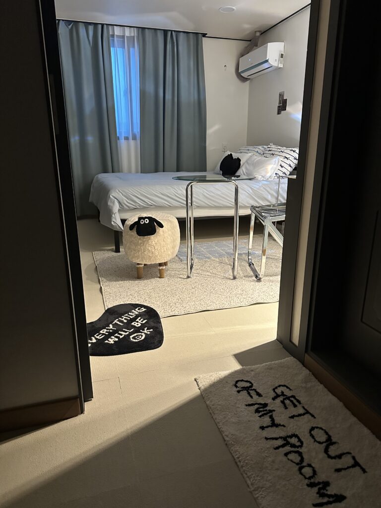 Full view of pastel blue Airbnb bedroom showing grey curtains and trendy ballet core color scheme