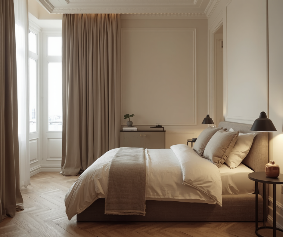 Quiet luxury small bedroom with oat linen bedding, cream walls, and visible floor showing warm neutral palette