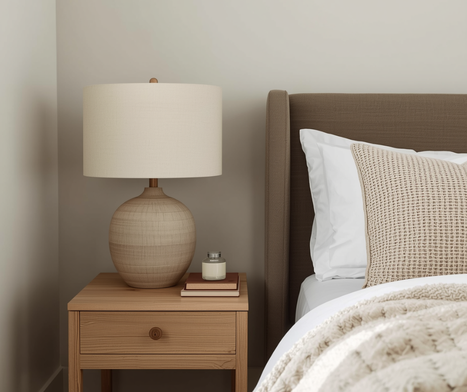 Ceramic table lamp with linen shade and bouclé throw demonstrating texture over pattern in quiet luxury bedroom