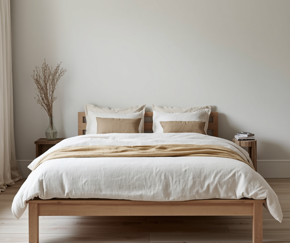 Light oak bed frame with cream linen bedding and two tonal pillow covers in minimalist quiet luxury small bedroom