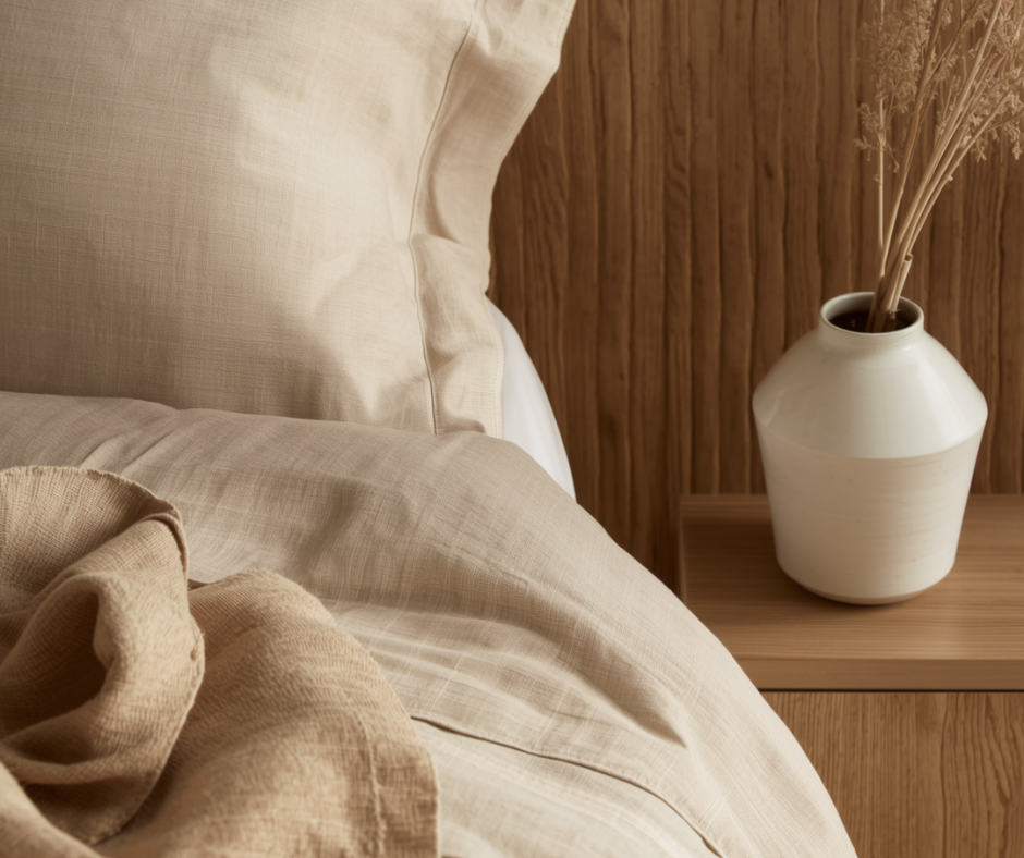 Close-up of natural materials in quiet luxury bedroom showing linen texture, wood grain, ceramic glaze in warm neutrals