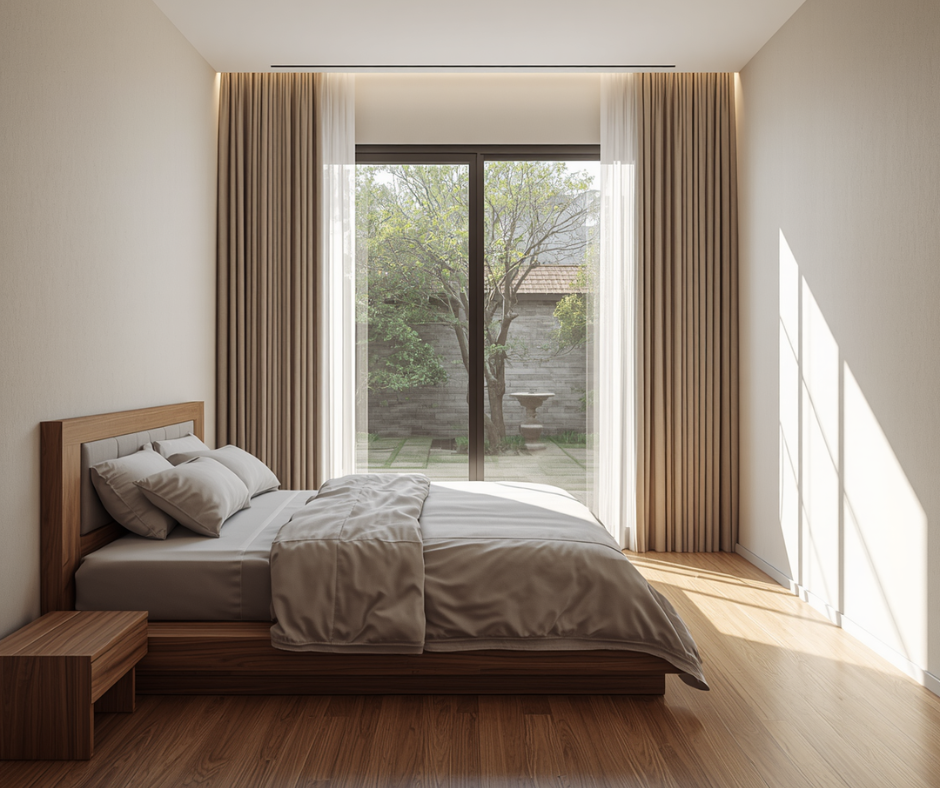 Small bedroom with 70% visible floor showing low platform bed against wall and minimal furniture for spacious feeling