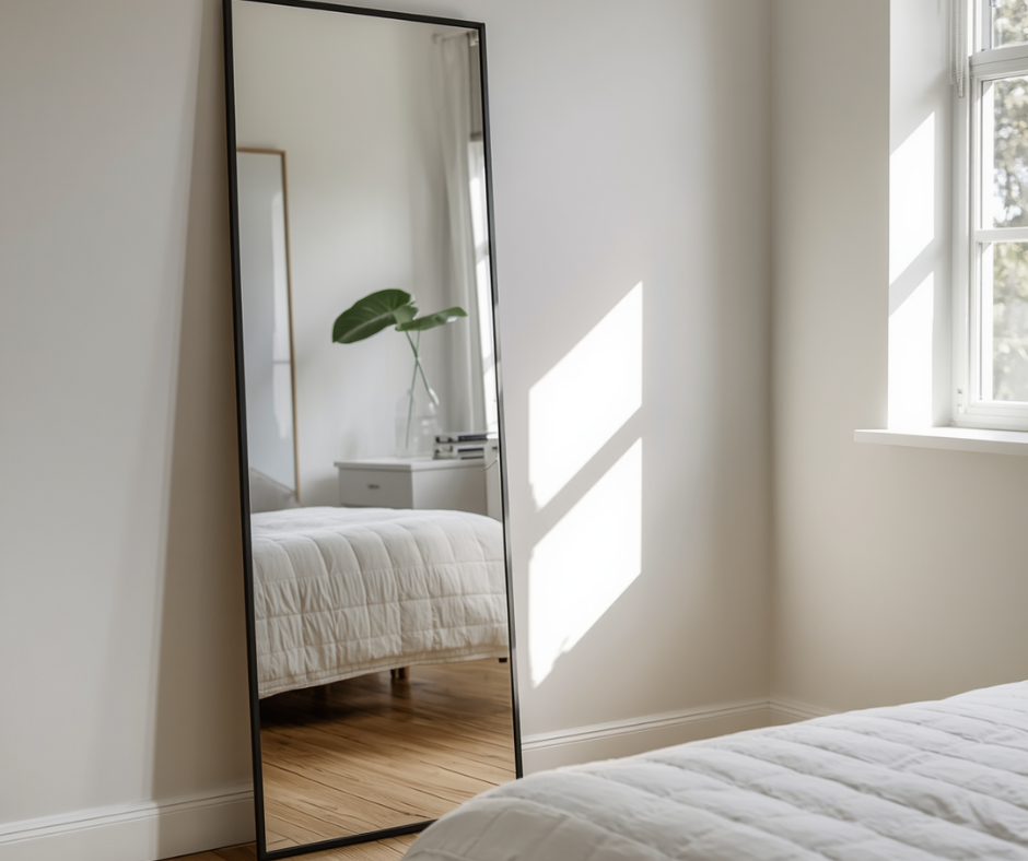 Large leaning mirror in small bedroom reflecting window to double perceived depth and natural light