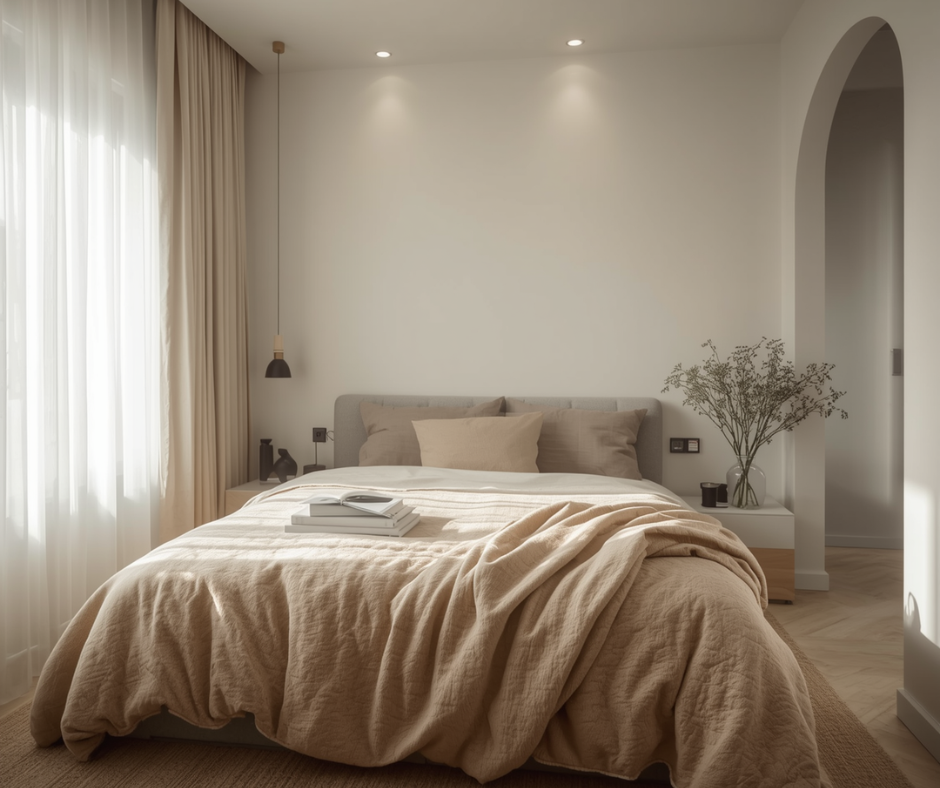 Small bedroom with three light sources eliminating dark corners and sheer curtains maximising natural daylight