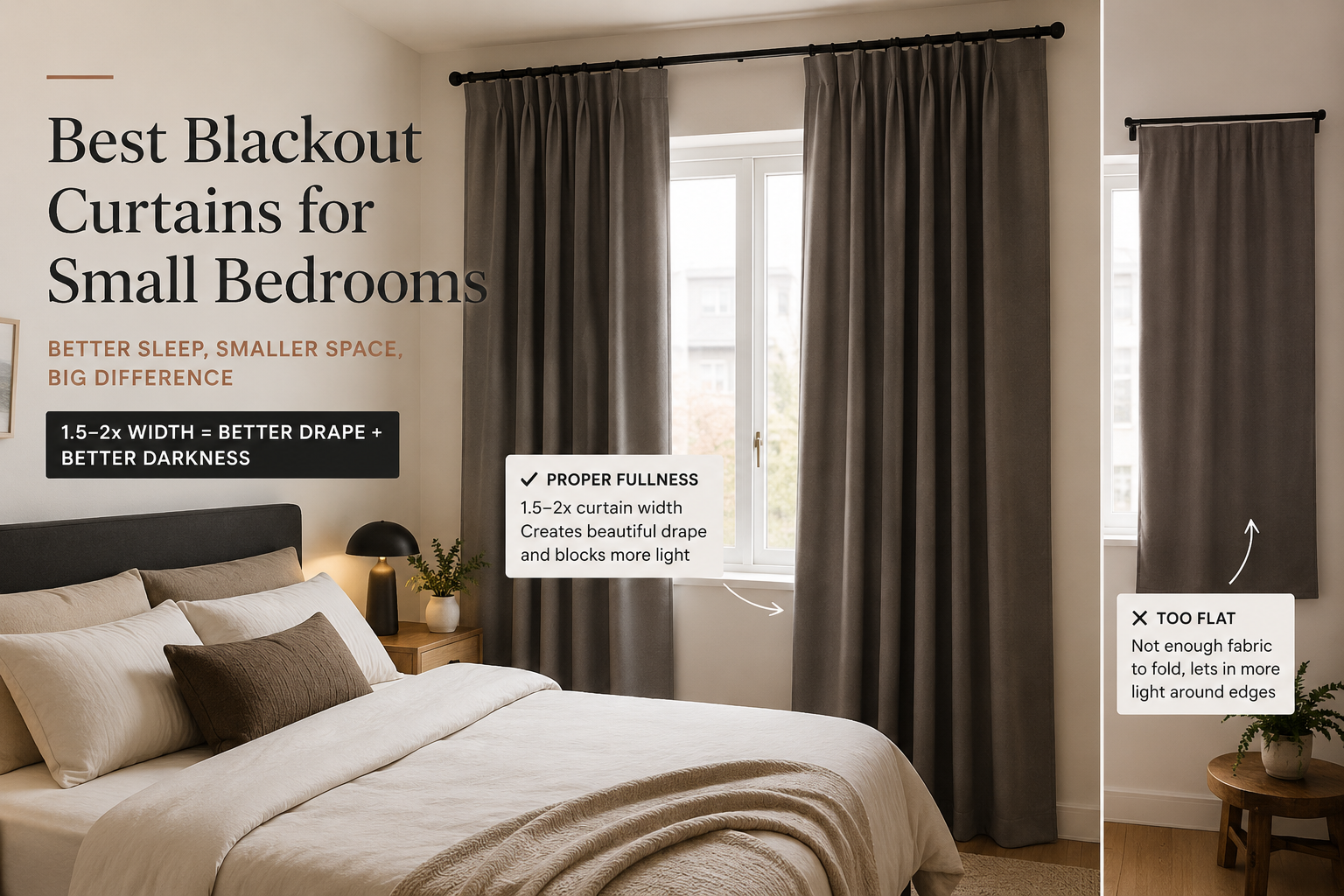 Properly draped blackout curtains with 1.5-2x width fullness versus flat taut curtains showing drape quality.