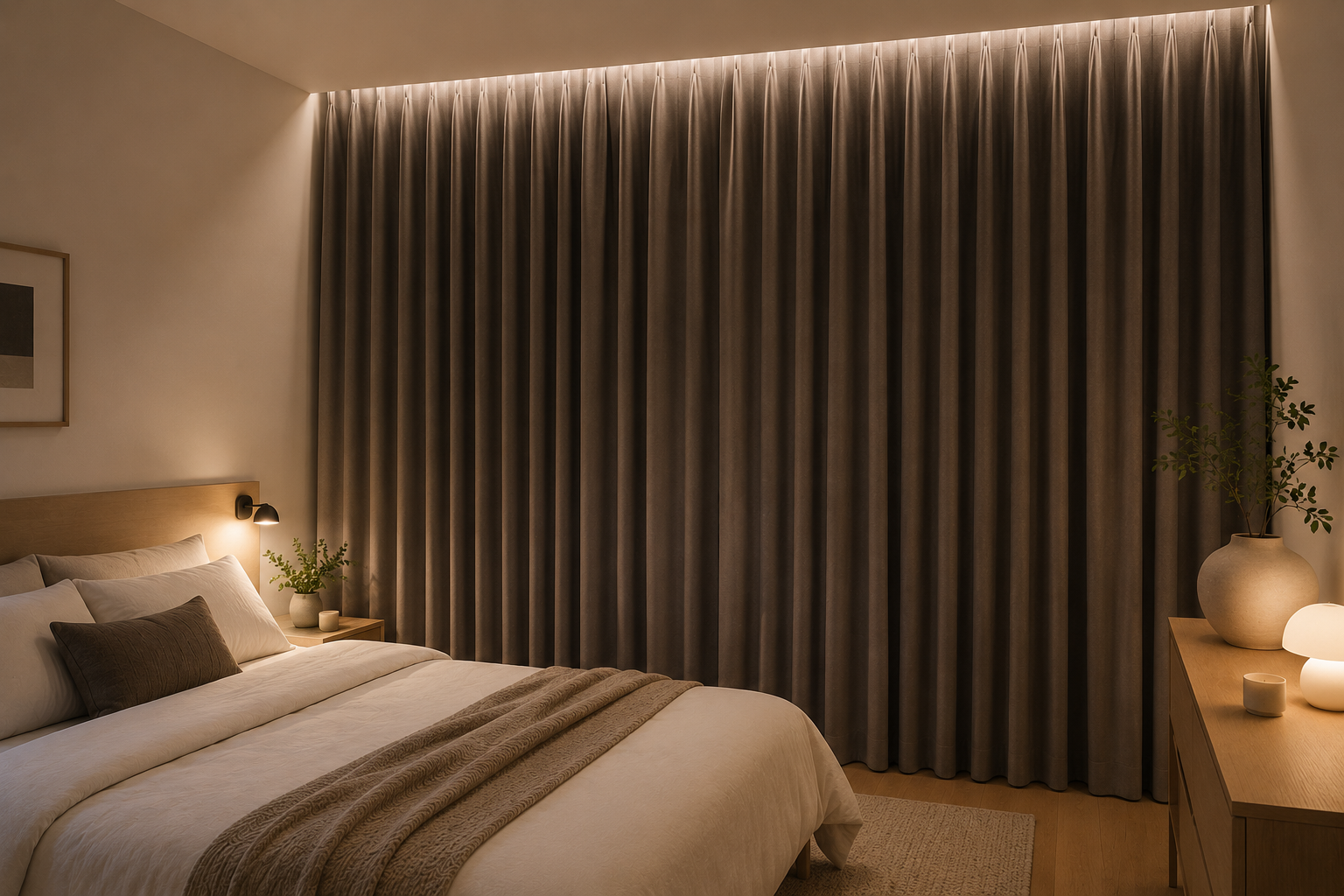 Floor-length blackout curtains covering entire wall from ceiling to floor in small bedroom creating illusion of larger window.
