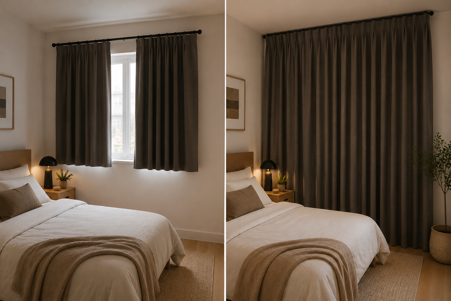 Comparison of short curtains hovering above floor versus floor-length blackout curtains showing height difference.