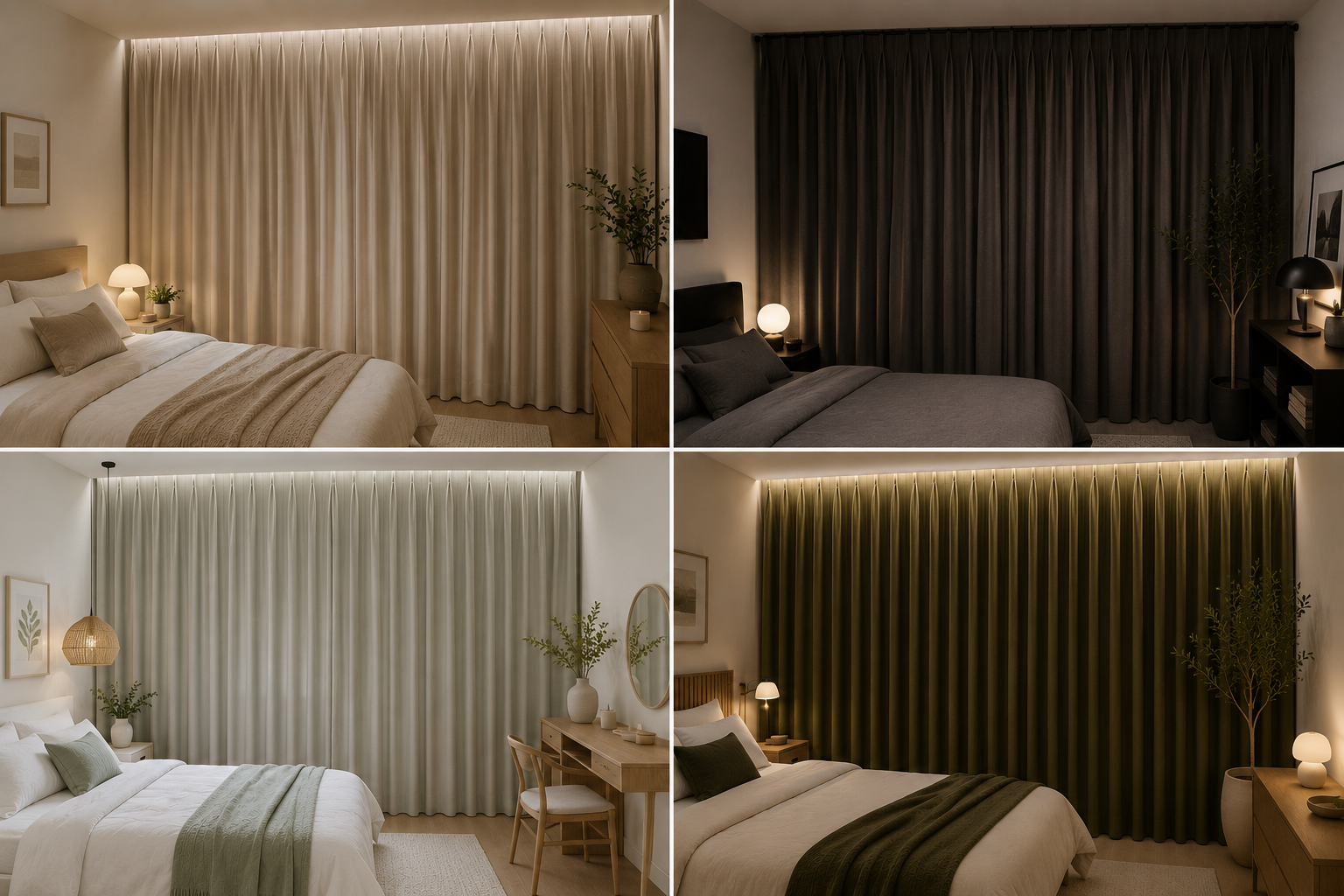 Ceiling-mounted curtain rail system with wall-to-wall blackout curtains spanning entire bedroom wall.