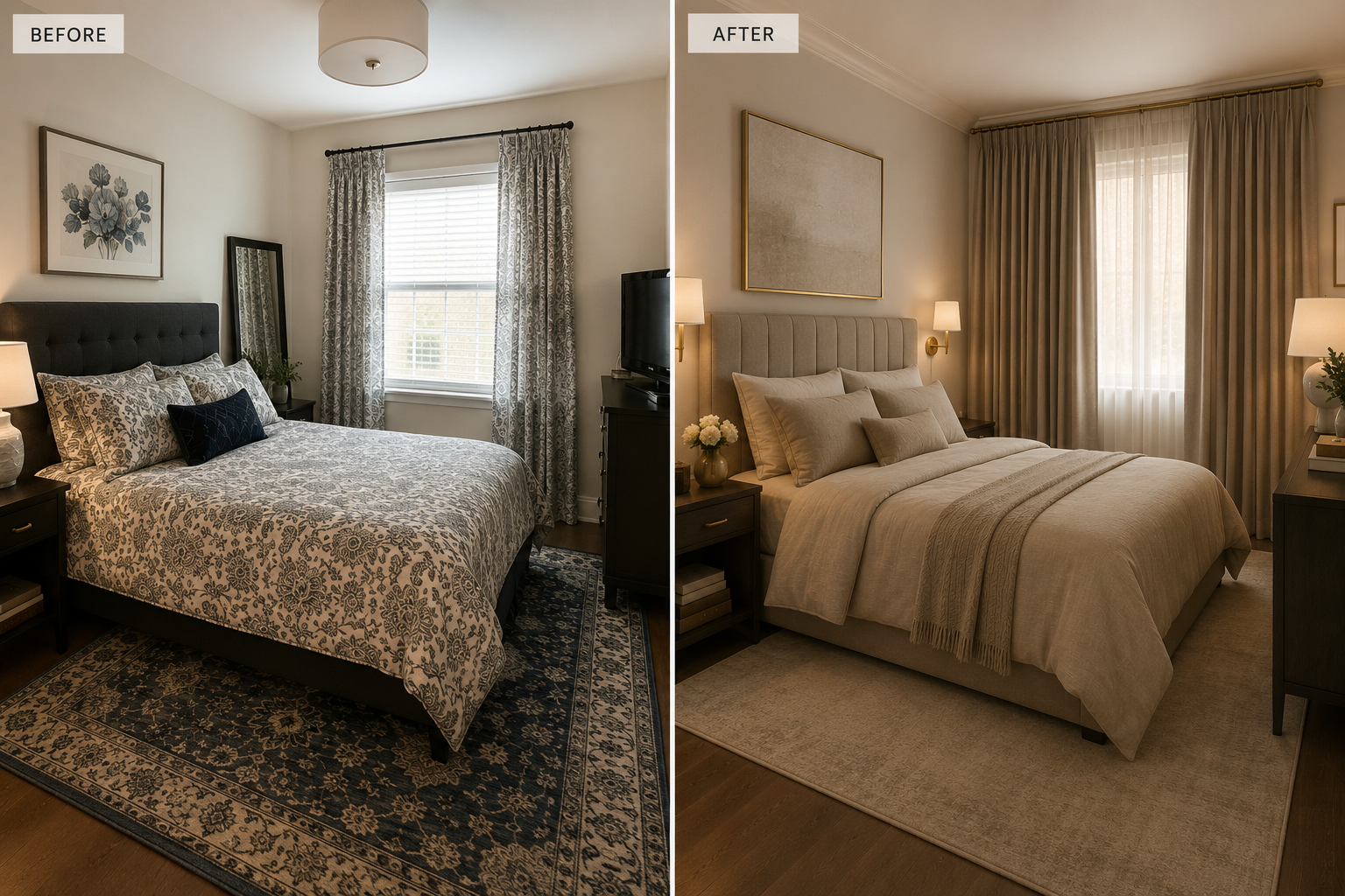 Small bedroom before and after quiet luxury transformation showing removal of patterns replaced with tonal textures