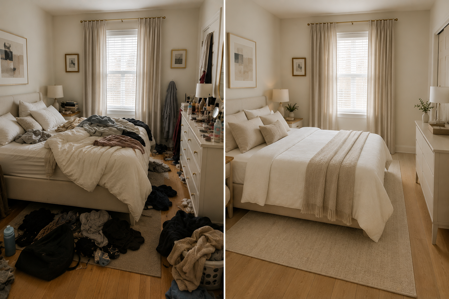 Before and after comparison small bedroom showing cluttered space versus same room with visible floor and light colours